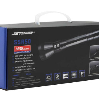 Jetbeam SSR50 Rechargeable LED Search Light - CREE XHP70.2 P2 1C - 3650 Lumens - Includes 7.2V 5000mAh Built-In Battery Pack