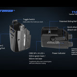 JETBeam T10L USB-C Rechargeable LED Weapon Light with Red or Green Laser - CREE XP-L HI - 680 Lumens - 655nm - Uses Built-in 400mAh Li-Poly Battery Pack