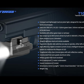 JETBeam T10L USB-C Rechargeable LED Weapon Light with Red or Green Laser - CREE XP-L HI - 680 Lumens - 655nm - Uses Built-in 400mAh Li-Poly Battery Pack