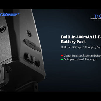 JETBeam T10L USB-C Rechargeable LED Weapon Light with Red or Green Laser - CREE XP-L HI - 680 Lumens - 655nm - Uses Built-in 400mAh Li-Poly Battery Pack