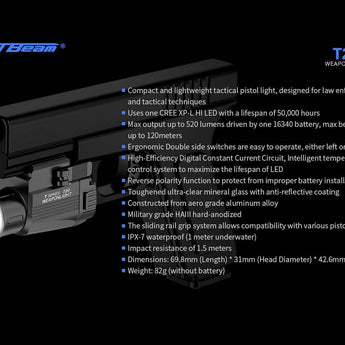 JETBeam T20 Rechargeable LED Weapon Light - CREE XP-L HI - 520 Lumens - Includes 1 x 16340