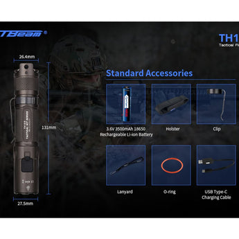 JETBeam TH10R USB-C Rechargeable LED Flashlight - CREE XHP35 - 2000 Lumens - Includes 1 x 18650