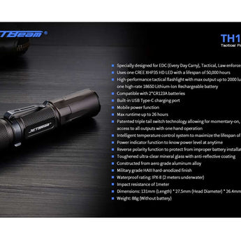 JETBeam TH10R USB-C Rechargeable LED Flashlight - CREE XHP35 - 2000 Lumens - Includes 1 x 18650