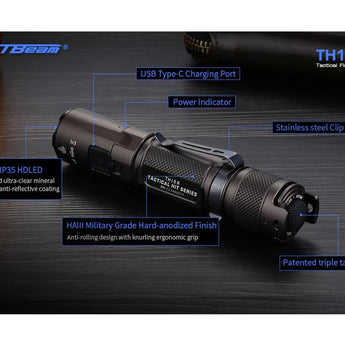 JETBeam TH10R USB-C Rechargeable LED Flashlight - CREE XHP35 - 2000 Lumens - Includes 1 x 18650