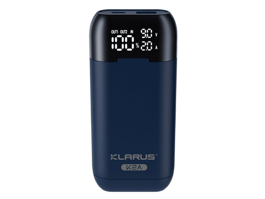 Klarus K2A 3-in-1 2-Bay Smart Charger, Power Bank and Battery Holder for Protected 18650, 20700, and 21700 Batteries