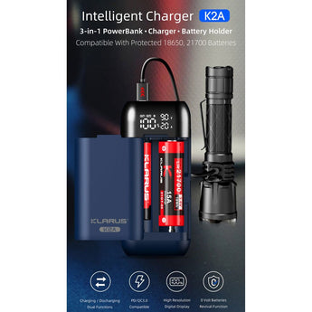 Klarus K2A 3-in-1 2-Bay Smart Charger, Power Bank and Battery Holder for 18650, 20700, and 21700 Batteries