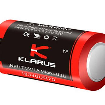 Klarus 16GT-70UR 16340 700mAh 3.7V High Discharge Protected Lithium Ion (Li-Ion) Button Top Battery with Micro USB Charging Port - Plastic Case