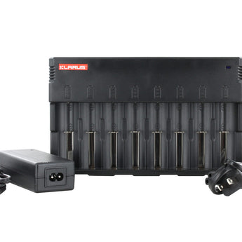 klarus c8 charger propped up with the two included charging cords for ac wall charging