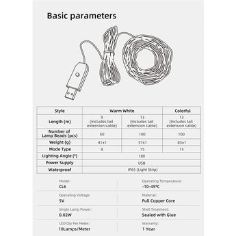 Klarus CL6 LED String Lights - 10 meters - Warm White - Powered by a USB Source