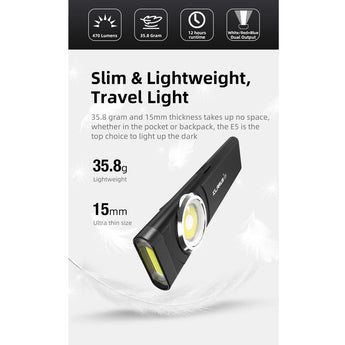 Klarus E5 USB-C Rechargeable EDC LED Flashlight - 470 or 600 Lumens - Uses Built-in 450mAh Li-ion Battery Pack - Multiple Color Options