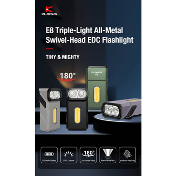 Klarus E8 Rechargeable Swivel-Head EDC Flashlight - 1000 Lumens - 2 x Samsung LH351 - Uses Built-in 1000mAh Li-ion Battery Pack - Multiple Color Options