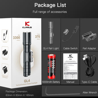Klarus GL4 USB-C Rechargeable LED Weapon Light - Luminus SST-70 - 3300 Lumens - Includes 1 x 21700