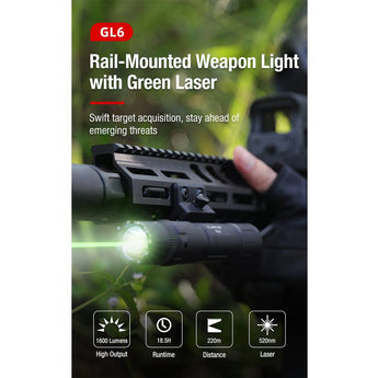 Klarus GL6 USB-C rechargeable Rail Mounted LED Weapon Light - 1600 Lumens - 520nm Green laser - Includes 1 x 18650