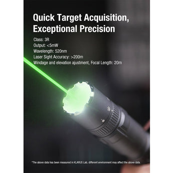 Klarus GL6 USB-C rechargeable Rail Mounted LED Weapon Light - 1600 Lumens - 520nm Green laser - Includes 1 x 18650