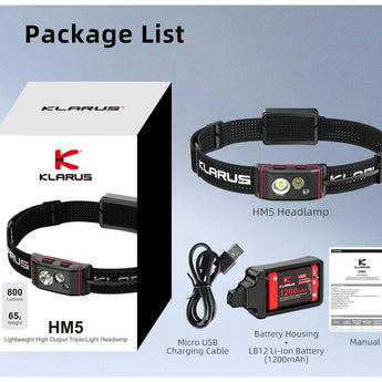 Klarus HM5 Lightweight LED Headlamp - 800 Lumens - Includes LB12 Li-ion Battery Pack