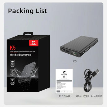 Klarus K5 10000mAh Waterproof Power Bank - Dual USB Ports - Carbon Fiber Build with Digital Screen