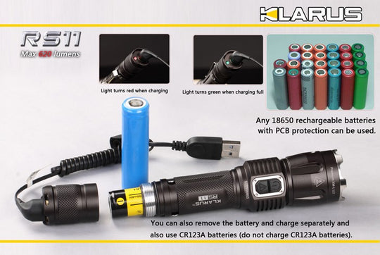 Klarus RS11 Rechargeable Flashlight Cree XM-L 620 Lumens Uses 1 x 18650