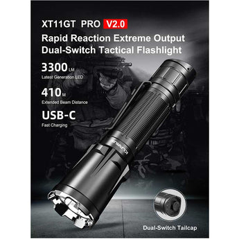 Klarus XT11GT Pro V2.0 USB-C Rechargeable Tactical LED Flashlight - Luminus SST-70 - 3300 Lumens - Uses 2 x CR123A or 1 x 18650 (Included) - Black or Wolf Grey