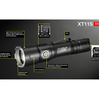 Klarus XT11S Rechargeable Flashlight - CREE XP-L HI V3 LED - 1100 Lumens - Uses 2 x CR123A or 1 x 18650 (Included)