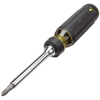 klein tools 32305 15 in 1 ratcheting screw driver pointing down and to the left at an angle