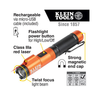 Klein Tools Rechargeable Focus LED Flashlight with Laser - 350 Lumens - Includes 1 x 2600mAh 18650