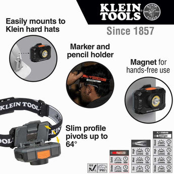 Klein Tools Rechargeable 2-Color LED Headlamp with Adjustable Strap - 800 Lumens - Uses Built-In Li-ion Battery Pack