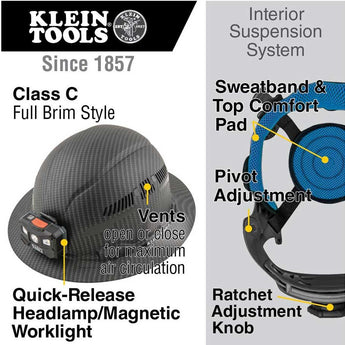 Klein Tools Premium Karbn Pattern Class C Hard Hat with Rechargeable Headlamp - 400 Lumens - Uses Built-In Li-ion Battery Pack