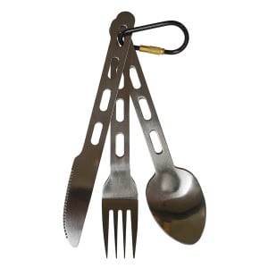 Ultimate Survival Technologies KLIPP Utensil Set - Stainless Steel Cutlery for Camping - Includes 1 x Knife, 1 x Fork and 1 x Spoon - Locking Carabiner - Silver (20-CKT0053-02)