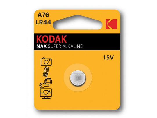 Kodak LR44 Coin Cell Battery in Retail Card Packaging - Front View