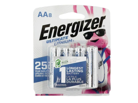 Energizer Ultimate L91-BP-8 AA 3000mAh 1.5V High Energy 5A Lithium (LiFeS2) Button Top Batteries - 8 Pack Retail Card