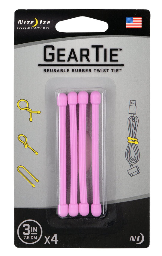 Nite Ize 3-inch Gear Ties - 4 Pack Retail Card - GT3-4PK-35 - Neon Pink