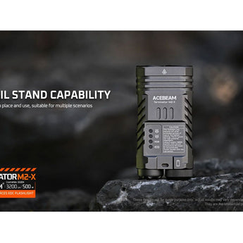 Acebeam M2-X with RGB LED Flashlight Informational Slide -Tail Stand Capability