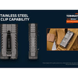 Acebeam M2-X with RGB LED Flashlight Informational Slide - The Stainless Steel Body Clip Capability