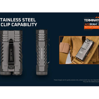 Acebeam M2-X with RGB LED Flashlight Informational Slide - The Stainless Steel Body Clip Capability