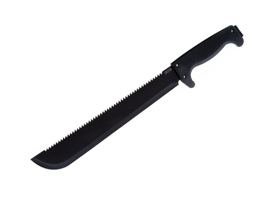 SOG SOGFari 13-inch Machete - Saw / Straight Edge - Black Powder Coated Finish - Black Handle - Nylon Sheath - Clam Pack (MC01-N)
