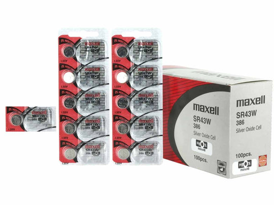 Maxell SR43W 386 125mAh 1.55V Silver Oxide Button Cell Battery - Hologram Packaging - 1 Piece Tear Strip, Sold Individually
