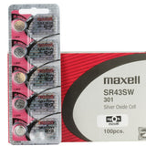 Maxell SR43SW 301 100mAh 1.55V Silver Oxide Button Cell Battery - Hologram Packaging - 1 Piece Tear Strip, Sold Individually