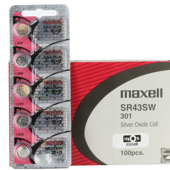 Maxell SR43SW 301 100mAh 1.55V Silver Oxide Button Cell Battery - Hologram Packaging - 1 Piece Tear Strip, Sold Individually