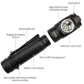 MecArmy FM18 Dual Switch Rechargeable Flashlight - CREE XPL-HI V3 LED - 820 Lumens - Includes 1 x 18650