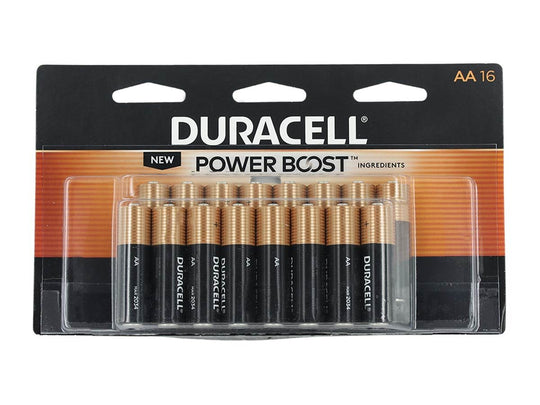 Pack of Duracell AA batteries with 'Power Boost' label on a white background