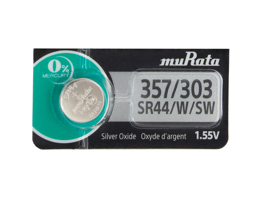 MuRata SR44W 357 303 160mAh 1.55V Silver Oxide Watch Battery - 1 Piece Tear Strip, Sold Individually
