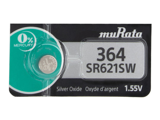 MuRata SR621SW 364 23mAh 1.55V Silver Oxide Watch Battery - 1 Piece Tear Strip, Sold Individually
