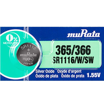 MuRata SR1116W 365 33mAh 1.55V Silver Oxide Watch Battery - 1 Piece Tear Strip