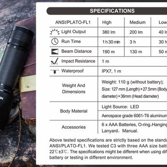 Nextorch C3 LED Flashlight - CREE XP-G3 - 380 Lumens - Includes 3 x AAA