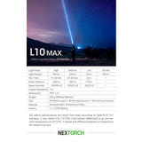 nextorch l10 max lep flashlight specifications table