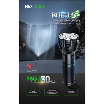 Nextorch Saint Torch 30 USB-C Rechargeable LED Searchlight - 8000 Lumens - 3 x CREE XHP50.2-K4 - Uses Built-In Li-ion Battery Pack