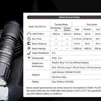 Nextorch TA20 USB-C Rechargeable LED Flashlight - 1000 Lumens - Osram P9 - Includes 1 x 16340