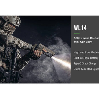 Nextorch WL14 USB-C Rechargeable LED Weapon Light - OSRAM P9 - 500 Lumens - Uses Built-in 250mAh Li-ion Battery Pack