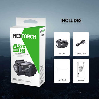 Nextorch WL22 USB-C Rechargeable LED Weapon Light - 650 Lumens - Osram P9 - Includes Built-In Li-ion Battery Pack - With Choice of Red or Green Laser
