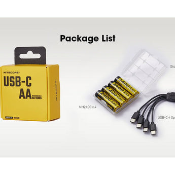 Nitecore NH2400 AA 2400mAh / 3600mWh 1.5V Rechargeable Protected Lithium-Ion Button Top Battery Kit - Includes 4 x AA Batteries and 1 x USB-C Charging Cable